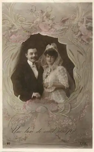 Romantic fancy couple greetings postcard moustache bride and groom wedding