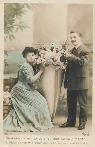 Romantic fancy couple greetings postcard moustache flower dress elegance