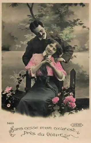 Romantic fancy couple greetings postcard moustache flower dress elegance