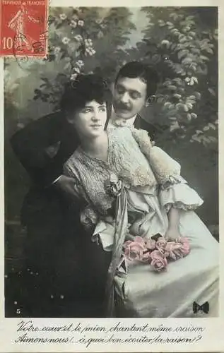 Romantic fancy couple greetings postcard moustache flower elegance