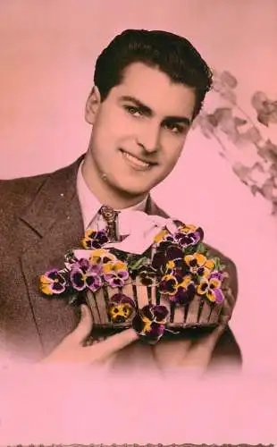 Postcard fancy card France elegant man and flower bouquet