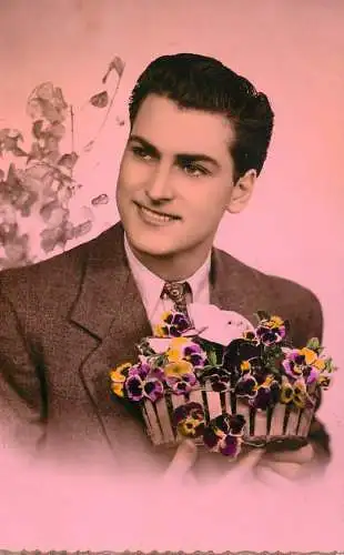 Postcard fancy card France elegant man and flower bouquet