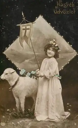 Postcard fancy card young girl and lamb umbrella Hungary Husven udvozlet