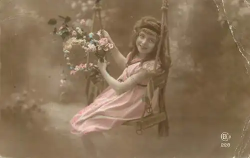 Postcard fancy card young girl and pink dress coiffure and swing