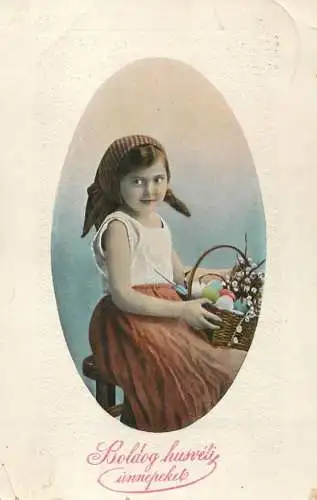 Postcard fancy card girl in traditional costume Hungary Easte basket