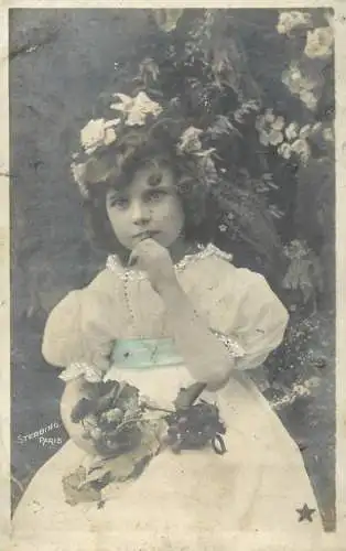 Postcard fancy card girl in white dress and flower bouquet Paris