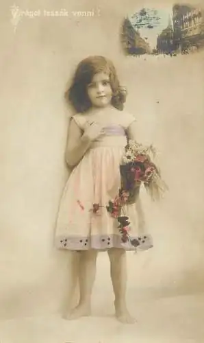 Postcard fancy card girl in white dress and flower bouquet