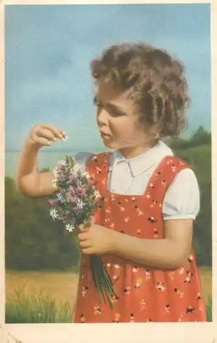 Postcard fancy card girl in red dress child flower bouquet Switzerland