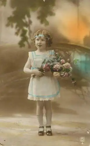 Postcard fancy card girl elegance traditional costume flower bouquet