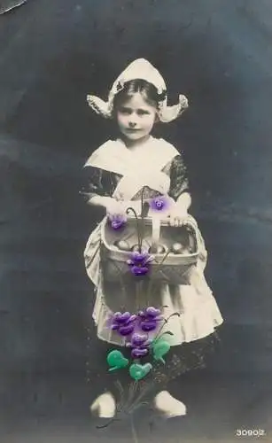 Postcard fancy card girl elegance traditional costume flowers egg basket