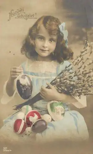 Postcard fancy card Easter agg and beauy girl flower Husveti udvozlet