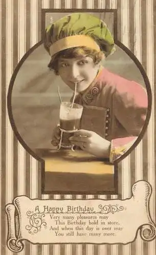 Postcard fancy card woman with bonnet a happy birthday