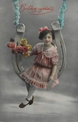 Postcard fancy card children with horseshoe Boldog ujovlet