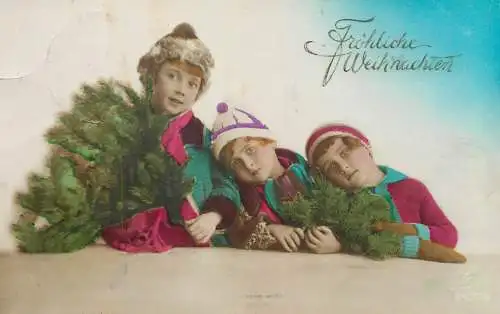 Postcard fancy card children with a Christmas tree Frohliche Weihnachten