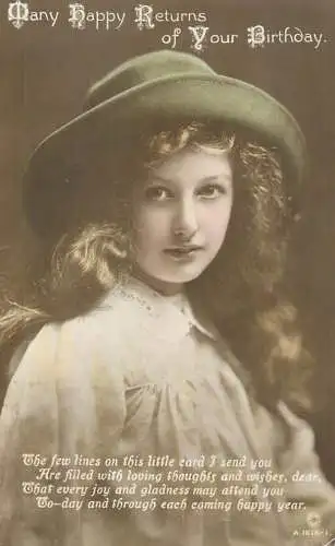 Postcard fancy card lady with hat many happy returns of your birthday