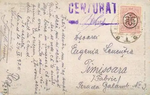 Romania cenzurat Arad - Timisoara 1920 overprinted franking stamp