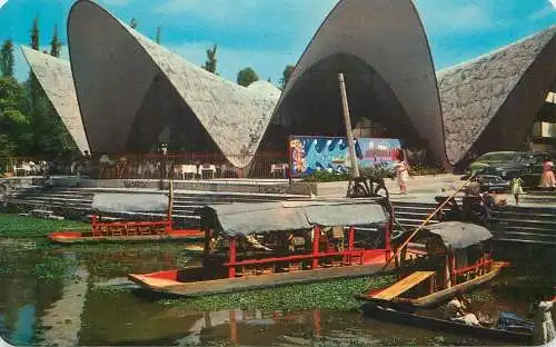 America Mexico Xochimilco boats on chanel river restaurant Los Manantiales