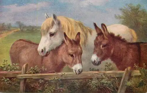 Animals in art pony and two donkeys Edgar Hunt painting