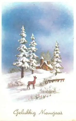 New Year greetings deer at forest edge winter scenery