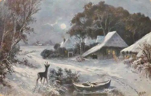 Deer at forest edge winter moonlight scenery