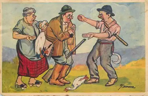Hunting humour drunken types caricature signed illustration