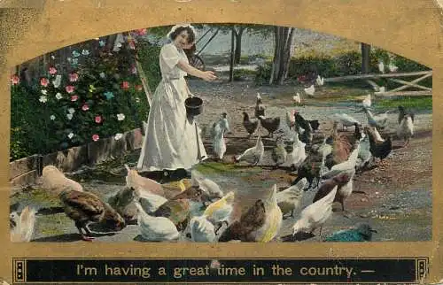 Great time in the country woman feeding the poultry