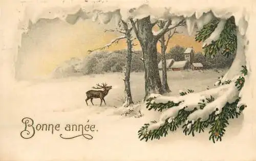 Happy New Year Greetings stag at the edge of the forest winter scenery