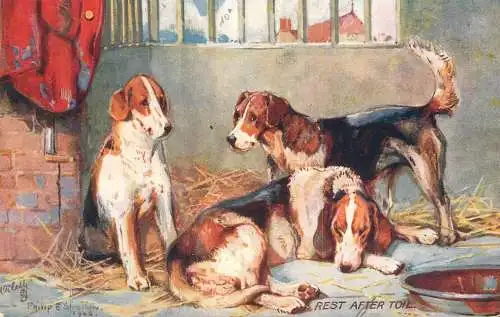 Animals Rest after Toil Fox Hounds Phillip E Stretton signed Postcard
