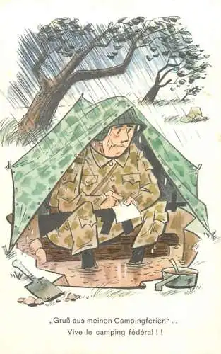 Gruss aus meinen Campingferien military humour illustration