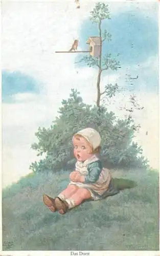 The Duet girl sings with little bird funny humour illustration