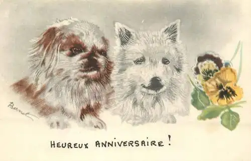 Hereux Anniversaire greetings dogs and flowers illustration