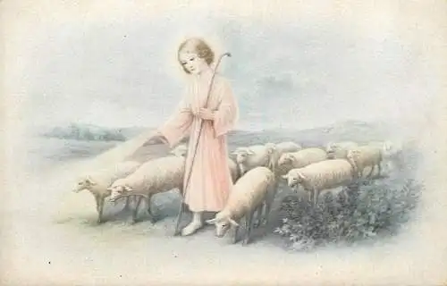 Shepherd with flock pastoral scenery religious illustration