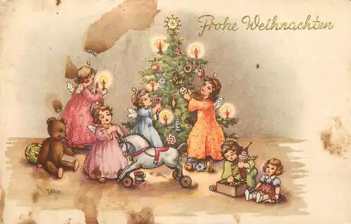 Christmas greetings angels decorating the fir tree