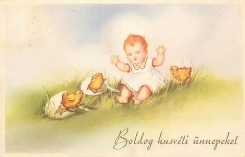 Easter greetings chicken and toddler