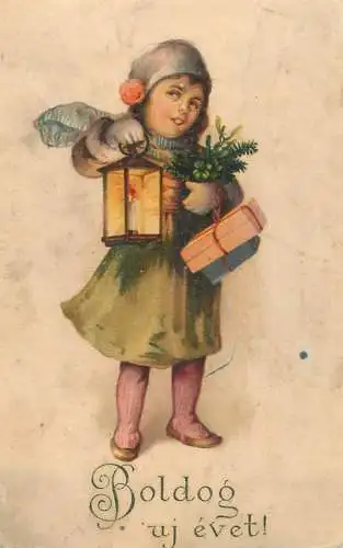 New Year greetings girl with lamp and gifts illustration