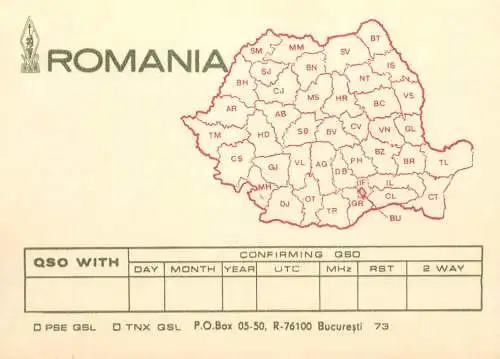 Romania radio amateur card unposted country districts map