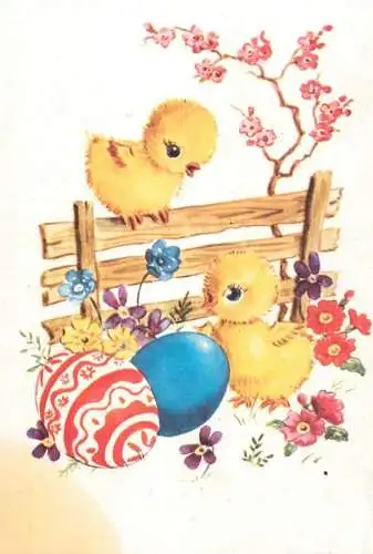 Easter greetings chicken & painted eggs