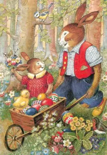 Easter greetings rabbit father and daughter carrying pencilled eggs with wheelbarrow