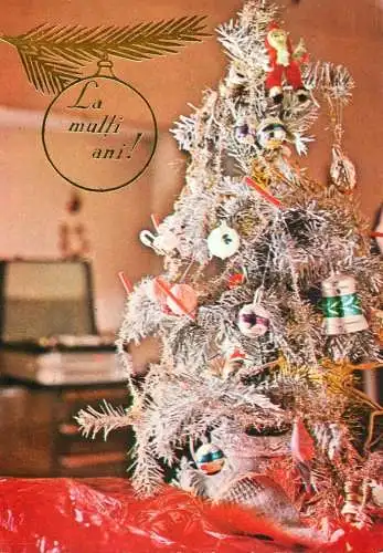 Winter Holidays greetings miniature decorated fir tree ornament