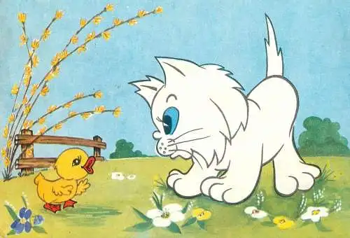 Easter Greetings cat with chicken friendship funny illustration