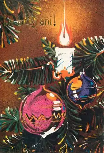 Winter Holiday greetings & ornaments globes, lit candle