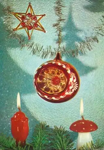 Winter Holiday greetings & ornaments globes, mushroom candle