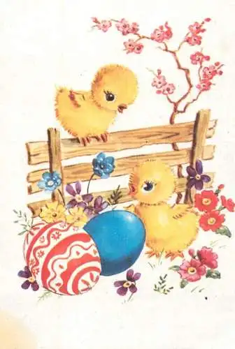Easter greetings chicken & painted eggs