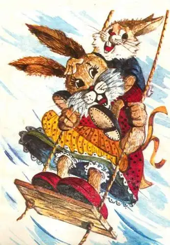 Humour funny illustration rabbits on a swing