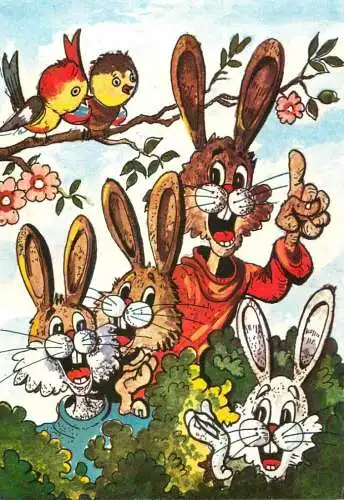 Easter greetings illustration rabbit & birds singing choir