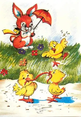 Easter greetings illustration rabbit & chickens