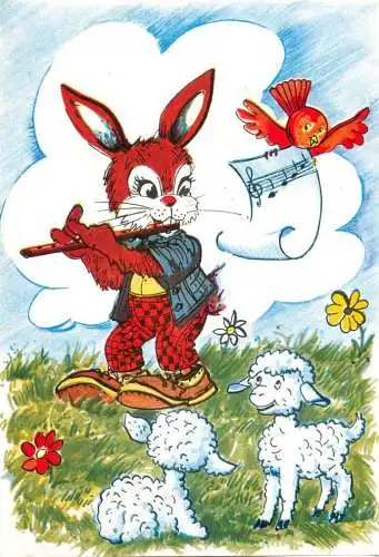 Easter greetings illustration rabbit singing flute to sheep