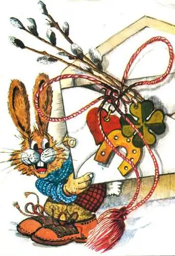 Easter greetings illustration bloom willow branch, rabbit, letter horseshoe lucky charm