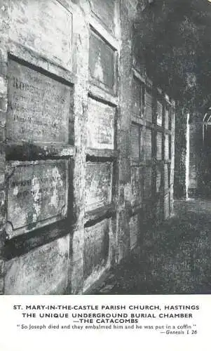 British abbeys, churches & cathedrals postcard Hastings St. Mary in the castle parish church catacombs