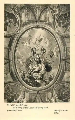 British abbeys, churches & cathedrals postcard Hampton court palace Queen drawing room by Verrio